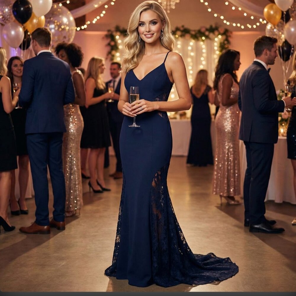 Betsy & Adam midnight blue formal floral applique lace inset gown